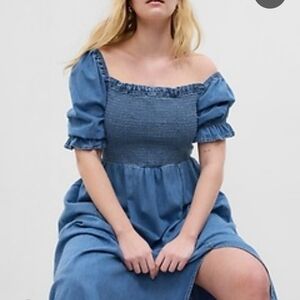 GAP Blue Denim Puff Sleeve Midi Dress